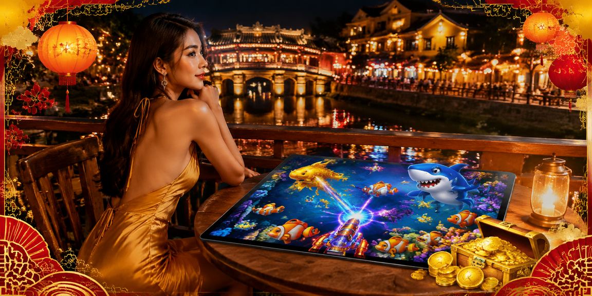 Người dùng Việt Nam thư giãn uống cà phê bên trò chơi bắn cá tại Hội An