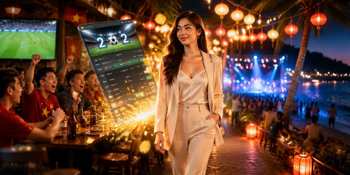 Chợ đêm Phú Quốc với người dùng tham gia cá cược trực tuyến dưới ánh đèn rực rỡ