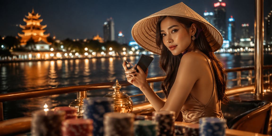Người phụ nữ đội nón lá sử dụng điện thoại chơi casino tại Sài Gòn